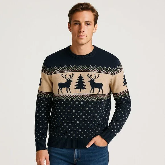 Aspen Fair Isle Reindeer Cotton Sweater Crewneck Men’s Large Navy Cozy Scandi - Picture 2 of 8
